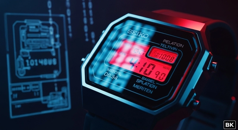 Reloj digital moderno Seiko sobre planos técnicos, evocando prototipos futuristas