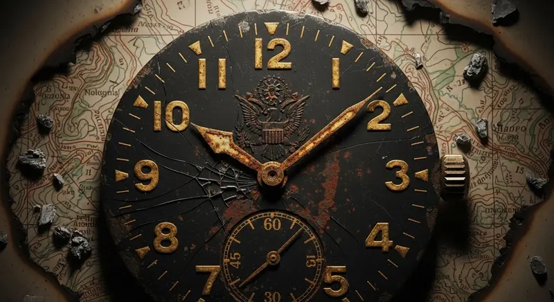 Reloj militar vintage sobre mapa con sello estadounidense, evocando operaciones clasificadas