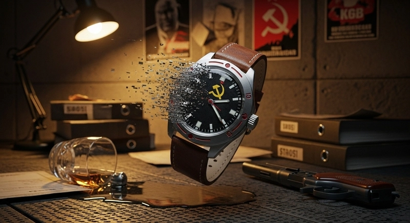 Reloj soviético desintegrándose en partículas sobre escritorio de espía con whiskey y arma