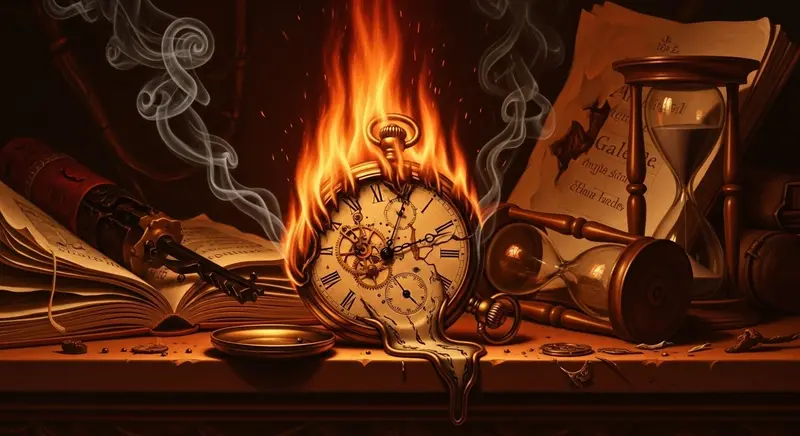 Reloj de bolsillo clásico envuelto en llamas con metal derritiéndose, rodeado de libros antiguos