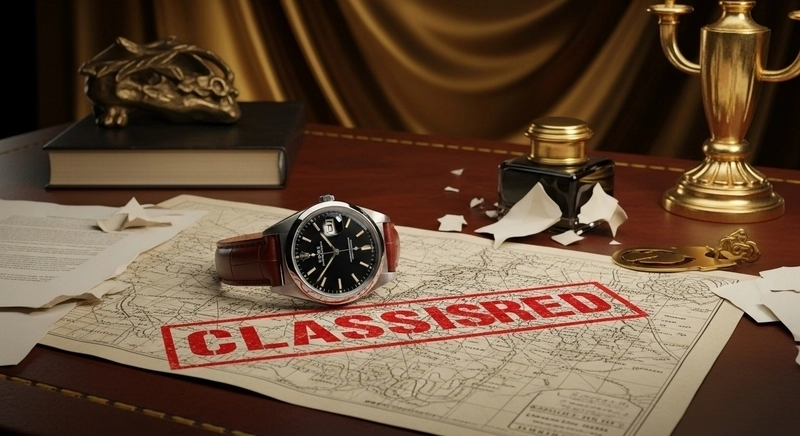 Reloj clásico sobre documentos clasificados con elementos históricos y secretos