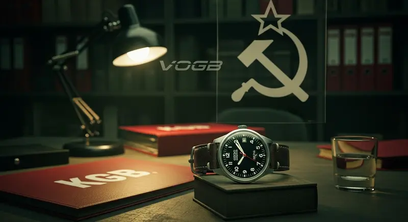Reloj militar soviético sobre mesa con documentos KGB, ambiente de espionaje de Guerra Fría