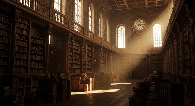 Biblioteca antigua con reloj prominente representando el tiempo en la literatura y el conocimiento