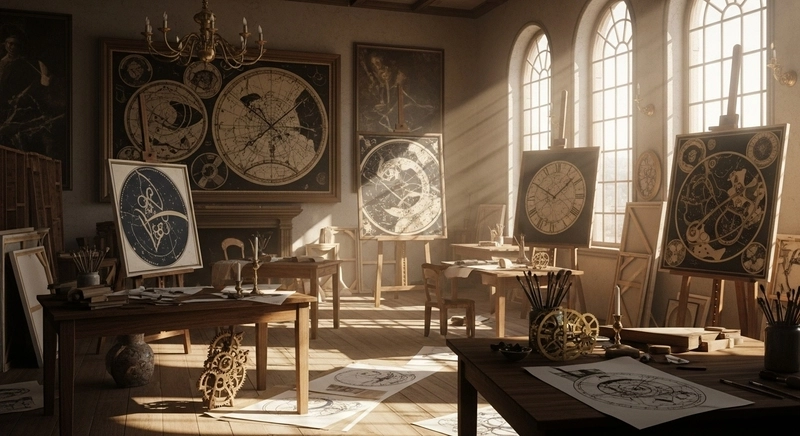 Estudio de pintura con relojes y elementos artísticos representando el tiempo en el arte visual