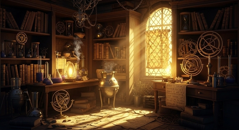 Estudio medieval con instrumentos de relojería y manuscritos iluminados mostrando la sabiduría del tiempo