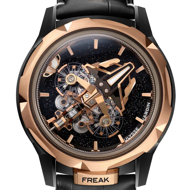 Vista detallada del mecanismo Freak con su tourbillon volante y construcción de silicio