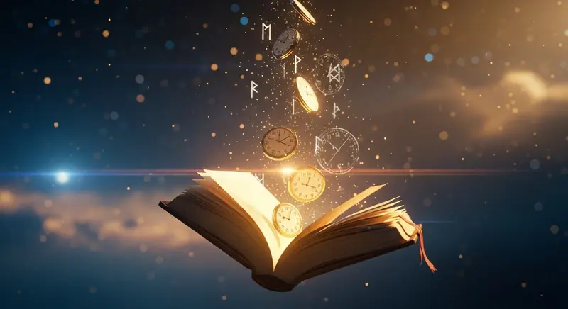 Relojes flotando sobre libros abiertos representando el tiempo en la literatura y el arte