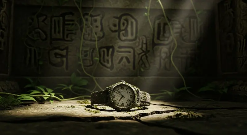 Reloj histórico en ruinas arqueológicas, envuelto en misterio y leyenda