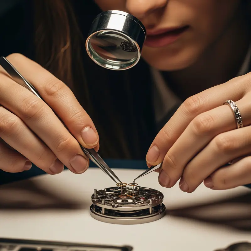 Mano experta de mujer ajustando delicadamente un mecanismo de reloj, símbolo de la destreza femenina en relojería