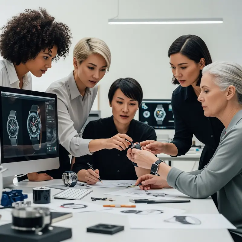 Mujeres colaborando en el diseño de relojes de lujo, trabajando juntas en innovación horológica