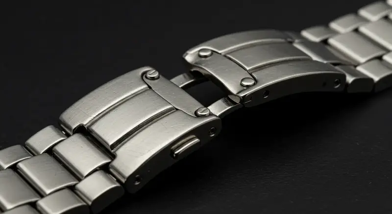 Primer plano de un brazalete de reloj con un cierre genérico de chapa estampada.