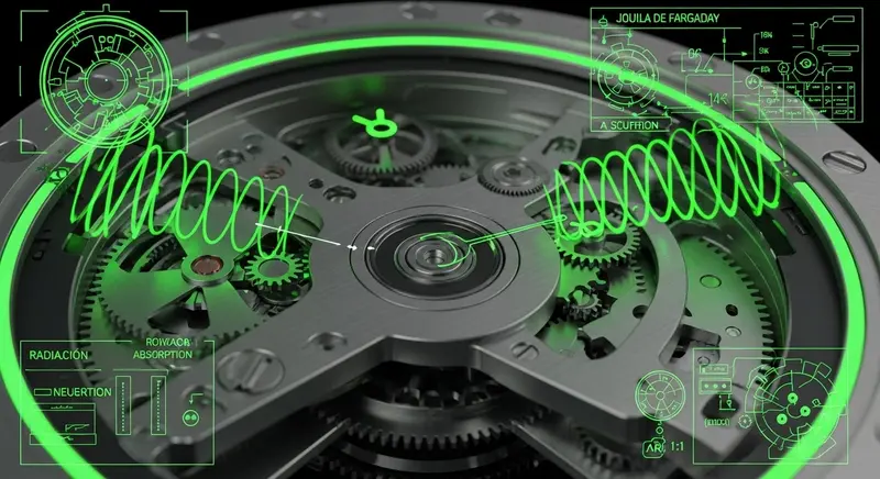 Despiece técnico de un reloj antirradiación mostrando sus componentes blindados: cristal de zafiro, escudo mu-metal, lubricantes especiales y circuitos rad-hard