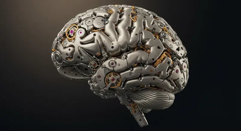 Cerebro con engranajes y símbolo de reloj, representando el conocimiento y la reflexión.
