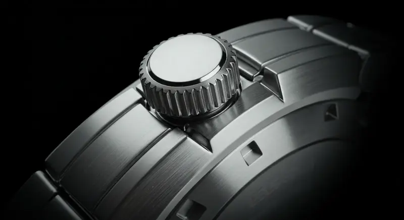 Primer plano de una corona roscada de reloj, mostrando las roscas y la robustez.