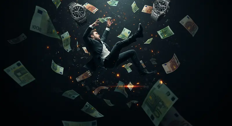 Hombre cayendo entre relojes y billetes, representando el colapso financiero.