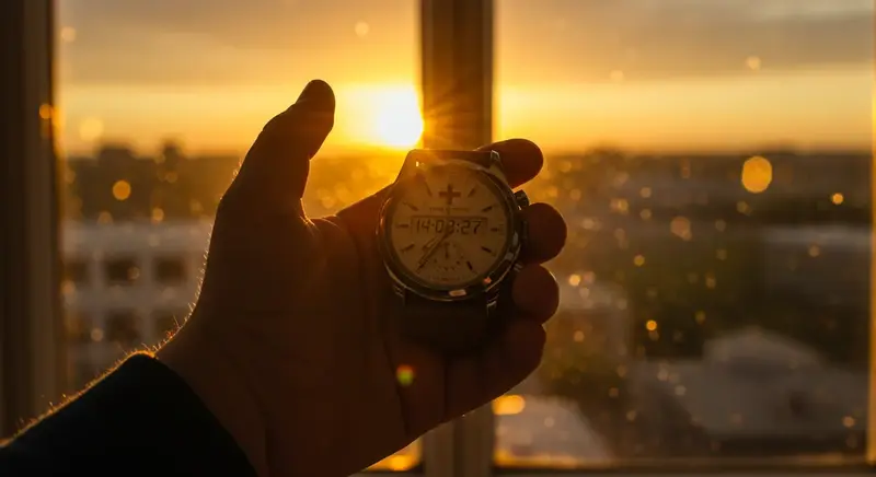 Amanecer emocional con un reloj marcando un momento crítico