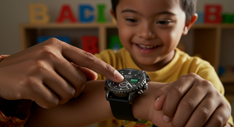 Niño aprendiendo a usar un reloj inclusivo con tecnología táctil, representando la nueva generación de usuarios de relojería accesible