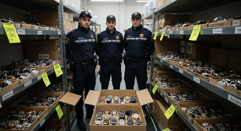 Policía de aduanas incautando productos falsificados