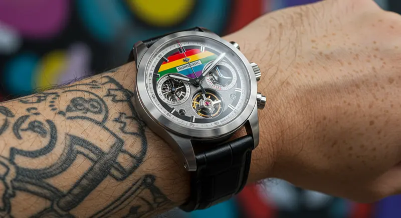 Puño en alto con reloj arcoíris