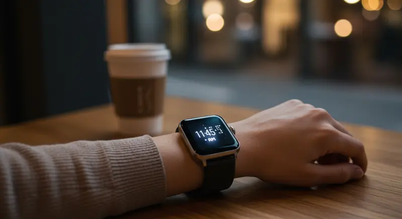 Smartwatch moderno con funciones de accesibilidad como VoiceOver y respuesta háptica para personas con discapacidad visual