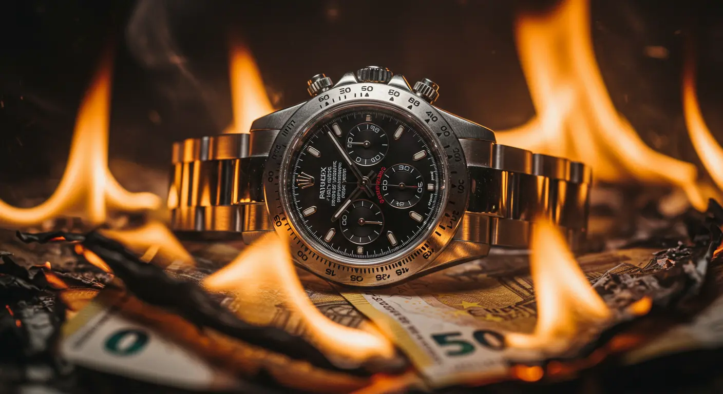 Reloj de lujo y billetes ardiendo, simbolizando una inversión fallida.