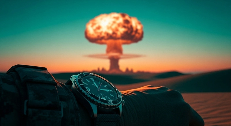 Reloj de bolsillo vintage junto a símbolo nuclear representando el momento histórico de Trinity y los primeros relojes expuestos a radiación atómica
