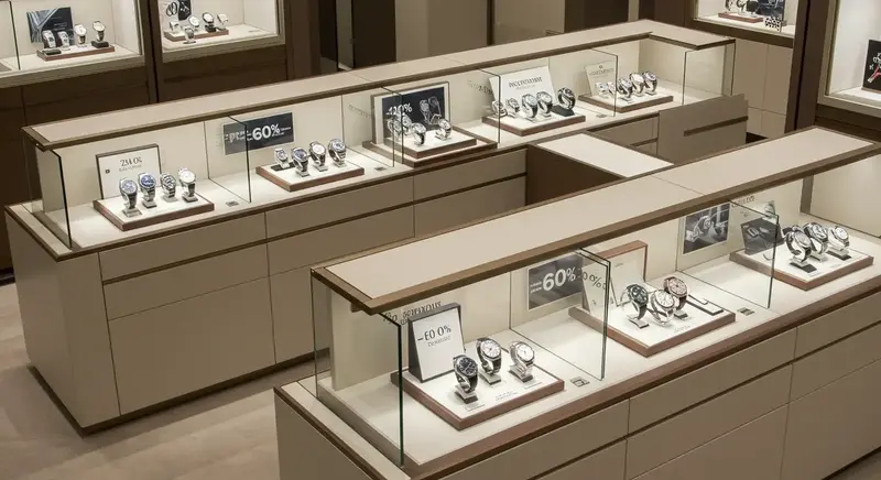 Relojes de lujo con descuento en un estante.