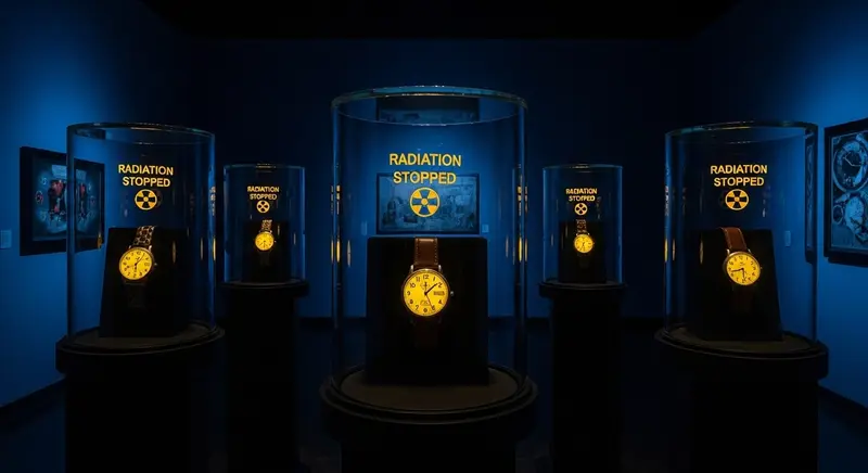 Colección de relojes antirradiación históricos expuestos en vitrinas de museo, mostrando la evolución de la tecnología resistente a la radiación