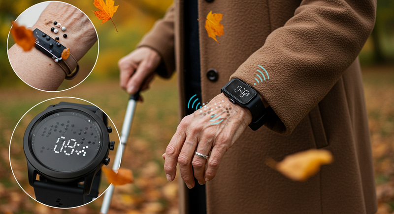 Persona mayor usando smartwatch con funciones médicas y de accesibilidad, mostrando la integración de salud y tecnología inclusiva