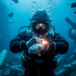 Técnico submarinista revisando su reloj G-Shock frente a los restos del reactor nuclear de Fukushima, en una operación de alta radiación.