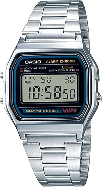 Reloj Casio A158WA-1CR, un reloj digital clásico y nostálgico, perfecto para regalar con un mensaje emotivo.