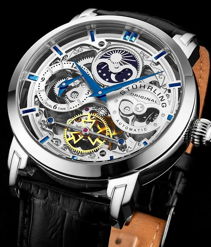 Reloj automático Sthrling Original para hombre, con caja de acero inoxidable y banda de cuero con relieve de aligátor.