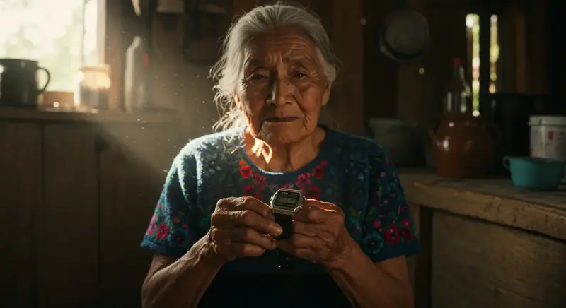 Una abuela en Oaxaca, México, sosteniendo un reloj Casio con amor y nostalgia. El reloj simboliza la conexión y el amor a pesar de la distancia con su hijo.