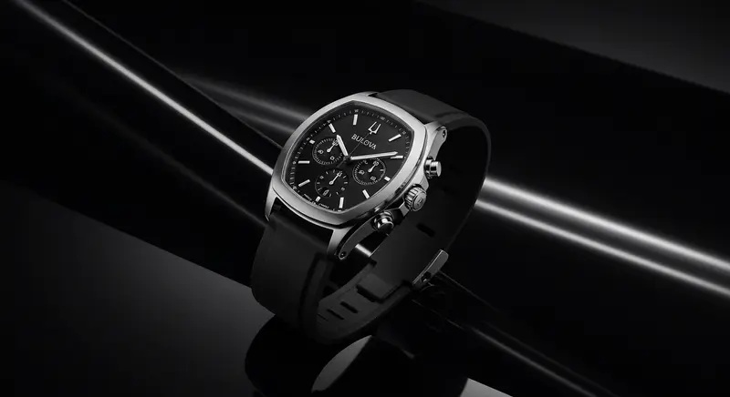 Bulova CURV: el primer cronógrafo con movimiento curvo del mundo Detalle del movimiento curvo del reloj Bulova CURV, una proeza de la ingeniería moderna.