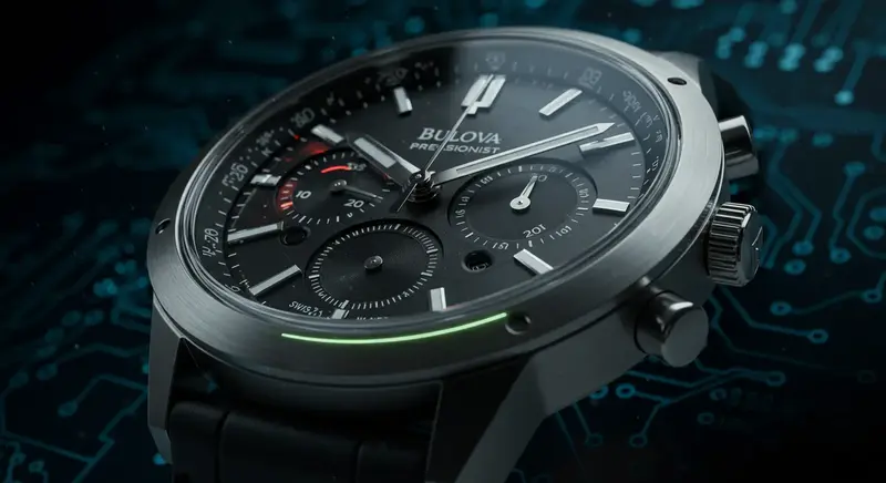 Tecnología Bulova Precisionist de cuarzo de alta frecuencia Esfera de un reloj Bulova Precisionist mostrando el segundero de movimiento continuo y el logo de 262 kHz.