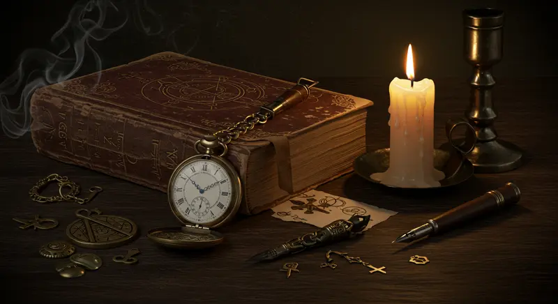 Composición artística de un reloj masónico rodeado de elementos alquímicos, símbolos esotéricos y herramientas de la Gran Obra