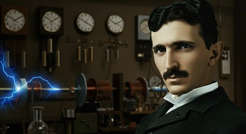 Ilustración de Nikola Tesla en su laboratorio, rodeado de equipos eléctricos y bobinas, simbolizando su obsesión con las vibraciones del tiempo y sus teorías sobre la resonancia eléctrica.