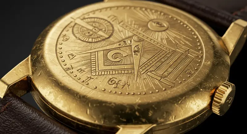 Primer plano detallado de un intrincado grabado masónico en el mecanismo de un reloj vintage, mostrando la precisión artesanal de los símbolos