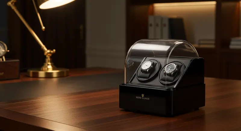 Bobinadora de reloj como accesorio de lujo en un entorno profesional y moderno Bobinadora de reloj de fibra de carbono sobre un escritorio ejecutivo, junto a un portátil y una pluma estilográfica.