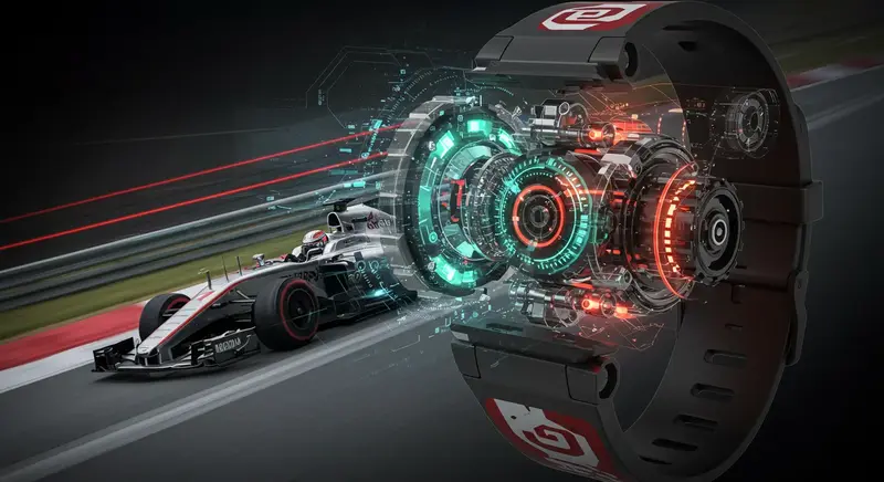 Piloto de F1 en cabina con reloj que muestra datos de telemetría