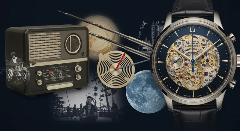 El legado histórico y la innovación de los relojes Bulova a través de sus modelos más emblemáticos Composición de relojes icónicos de Bulova, mostrando el Lunar Pilot y el Accutron Spaceview.