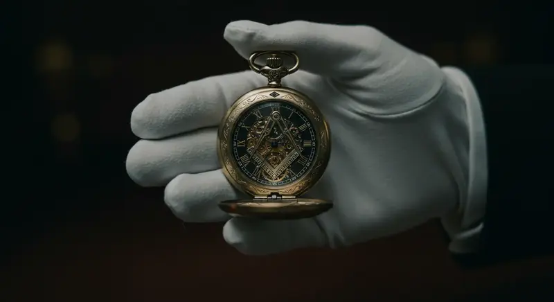 Mano ceremonial de un iniciado masón sosteniendo con reverencia un reloj de bolsillo grabado con símbolos sagrados de la hermandad