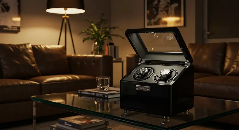 Bobinadora de relojes como pieza central decorativa y funcional en un hogar contemporáneo Elegante bobinadora de relojes de madera en un salón moderno, manteniendo un reloj automático de lujo en funcionamiento.