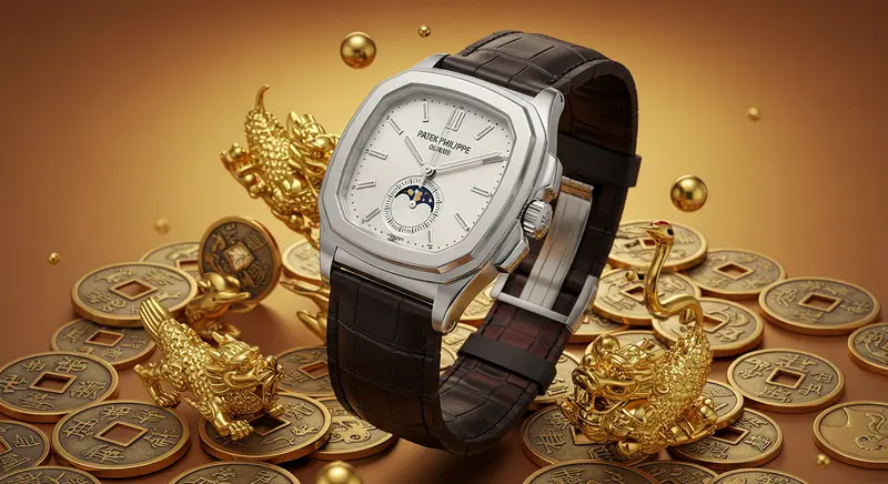 Reloj Patek Philippe 'Cubitus' de forma cuadrada con números 8 y 6, simbolizando estabilidad y prosperidad según el Feng Shui para el mercado chino.