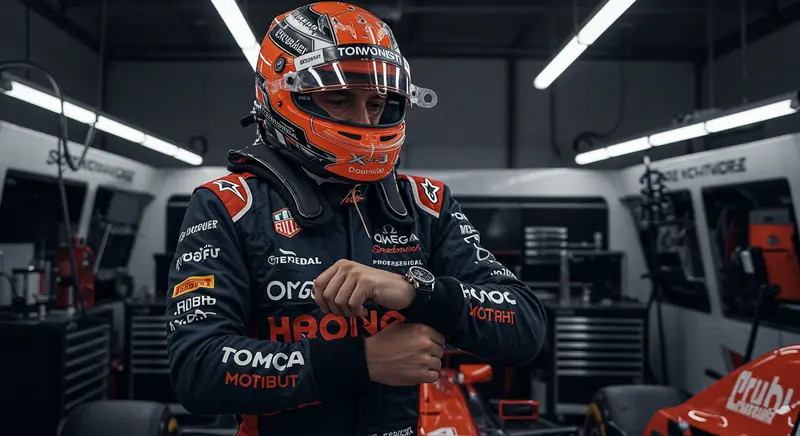 Michael Schumacher en el garaje con su Omega Speedmaster X-33