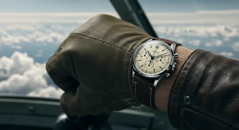 Piloto de la Fuerza Aérea China de los años 60 con un reloj Seagull 1963 en su muñeca, destacando su uso militar original.