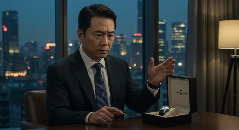 Ilustración de un empresario chino en una oficina moderna devolviendo una caja de reloj de lujo a un familiar, simbolizando el tabú de regalar relojes en la cultura china.