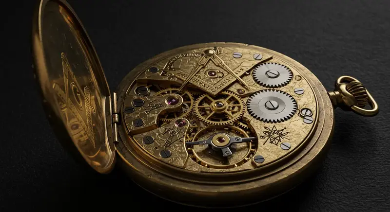 Reloj masónico con el mecanismo expuesto mostrando detallados grabados simbólicos del compás y la escuadra en el movimiento interno