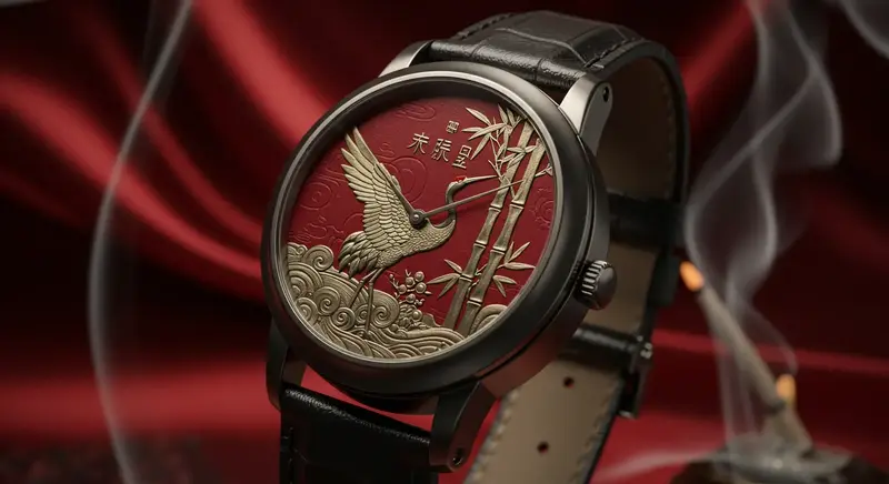 Reloj chino con grabados de grullas y bambú, símbolos de la vida eterna y la fortaleza, utilizados por las marcas para contrarrestar el tabú de la muerte.