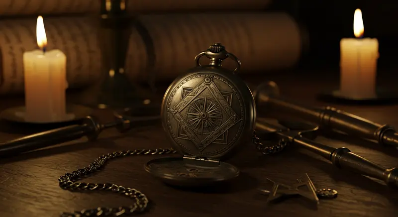 Elegante reloj masónico de bolsillo junto a un candelabro de bronce en un ambiente nostálgico que evoca los misterios de antaño